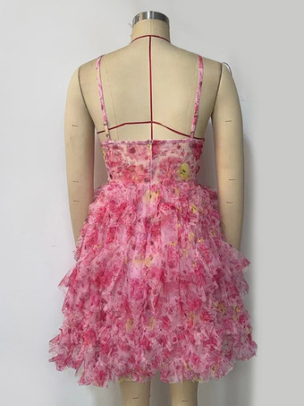 3Dフラワー付き花柄ミニドレス 誕生日パーティー フリルドレス 女性用 2025