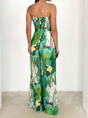 プリントスリップジャンプスーツ、タイフロント付き、ワイドレッグ、女性用夏服 2026