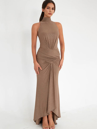 マキシ パーティードレス ハイネック ノースリーブ マーメイド ルーシュ ボディコンドレス レディース 2026