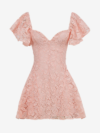 ソフトピンクのレースドレス Vネック フラッタースリーブ サマーAラインミニドレス レディース 2025