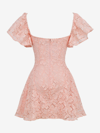 ソフトピンクのレースドレス Vネック フラッタースリーブ サマーAラインミニドレス レディース 2025