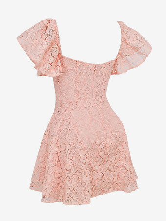 ソフトピンクのレースドレス Vネック フラッタースリーブ サマーAラインミニドレス レディース 2025