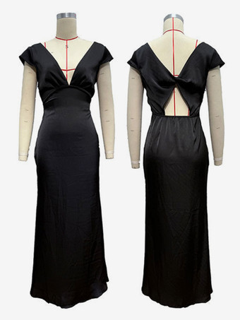 マキシ パーティードレス Vネック オープンバック マーメイド ボディコン ロングドレス レディース 2025