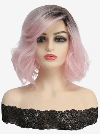 ピンク女性用ミディアムカーリーヘアサイドパート合成ウィッグ 2025