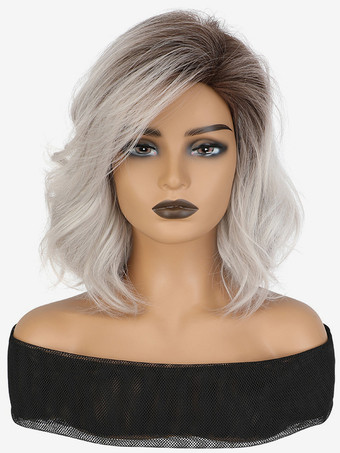 グレイ女性用ミディアムカーリーヘアサイドパート合成ウィッグ 2025