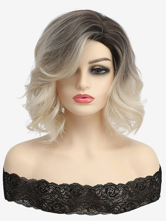 ライトゴール女性用ミディアムカーリーヘアサイドパート合成ウィッグ 2025