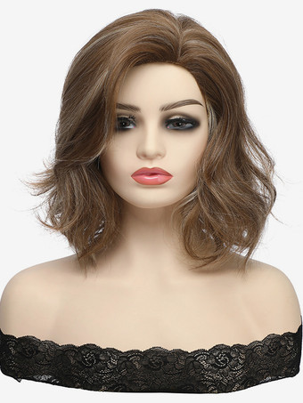 ブラウン 女性用ミディアムカーリーヘアサイドパート合成ウィッグ 2025