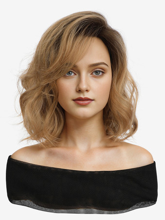 ライトブラウン女性用ミディアムカーリーヘアサイドパート合成ウィッグ 2025