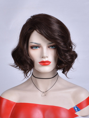 ブラック ヴィンテージ ショート カーリーヘア サイドパート 合成ウィッグ 女性用 2025