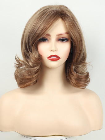 ブラウン ミディアム カーリーヘア サイドパート フルヘッド 合成ウィッグ 女性用 2025