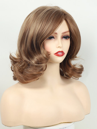 ブラウン ミディアム カーリーヘア サイドパート フルヘッド 合成ウィッグ 女性用 2025