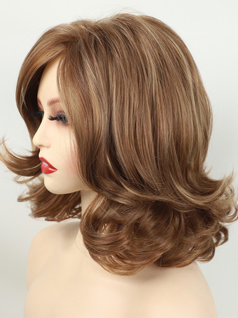 ブラウン ミディアム カーリーヘア サイドパート フルヘッド 合成ウィッグ 女性用 2025