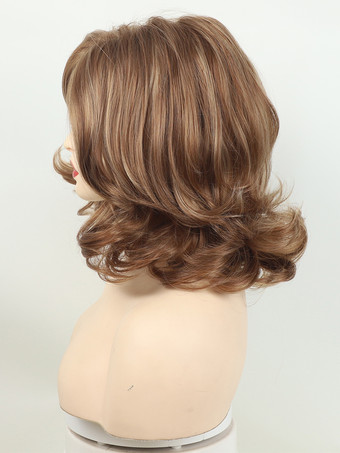 ブラウン ミディアム カーリーヘア サイドパート フルヘッド 合成ウィッグ 女性用 2025