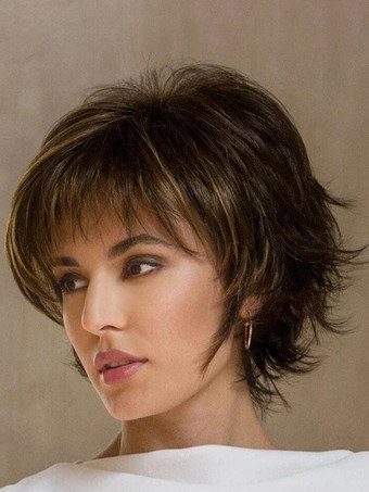 ハイライト入り前髪付きショートヘア 合成ウィッグ 女性用 2025