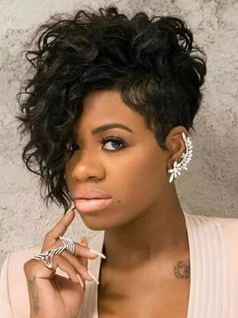 ブラック ショートカーリーヘア耐熱ファイバー合成デイリーウィッグ女性用 2025