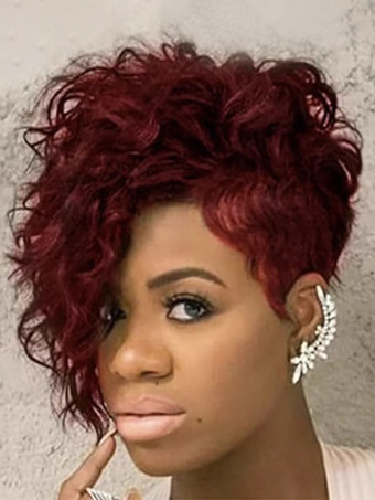 ワインレッド ショートカーリーヘア耐熱ファイバー合成デイリーウィッグ女性用 2025
