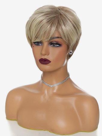 グラデーションブロンドのショートストレートヘアサイドパート合成ウィッグ女性用 2025
