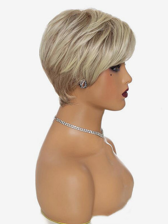 グラデーションブロンドのショートストレートヘアサイドパート合成ウィッグ女性用 2025