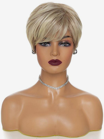 グラデーションブロンドのショートストレートヘアサイドパート合成ウィッグ女性用 2025
