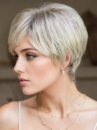 ゴールド グラデーションブロンドのショートストレートヘアサイドパート合成ウィッグ女性用 2025