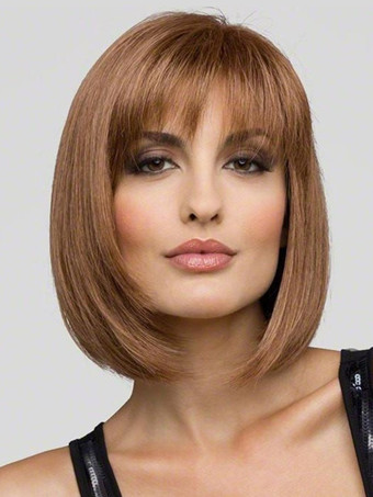 ブラウンボブショートストレートヘア、エアバング付き、女性用合成ウィッグ 2025