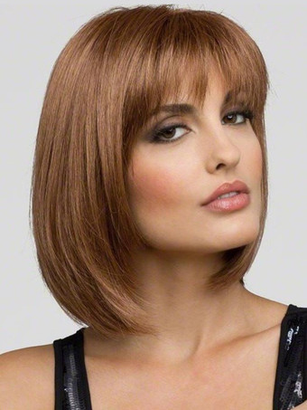 ブラウンボブショートストレートヘア、エアバング付き、女性用合成ウィッグ 2025