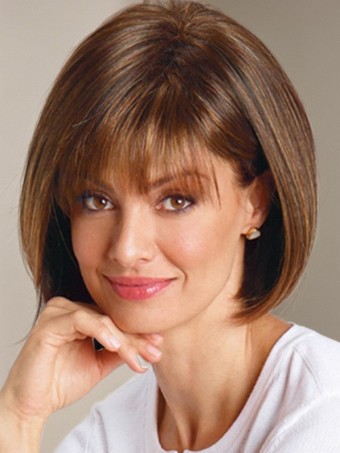 ブラウンブラウンボブショートストレートヘア、エアバング付き、女性用合成ウィッグ 2025