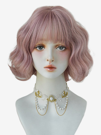 ピンクボボ ショート カーリーヘア 前髪付き ウォーターウェーブ デイリー 合成ウィッグ 女性用 2025