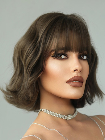 ボボ ショート カーリーヘア 前髪付き ウォーターウェーブ デイリー 合成ウィッグ 女性用 2025