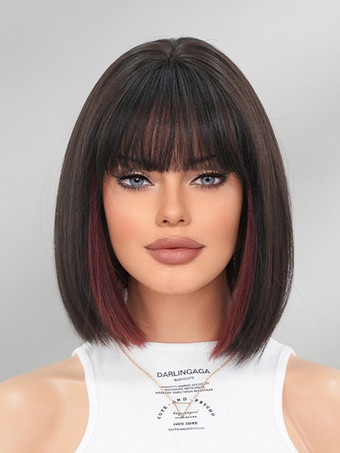 レッド＋ブラックショートストレートボブ、前髪あり、デイリー合成ウィッグ、女性用 2025