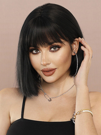 ショートストレートボブ、前髪あり、デイリー合成ウィッグ、女性用 2025