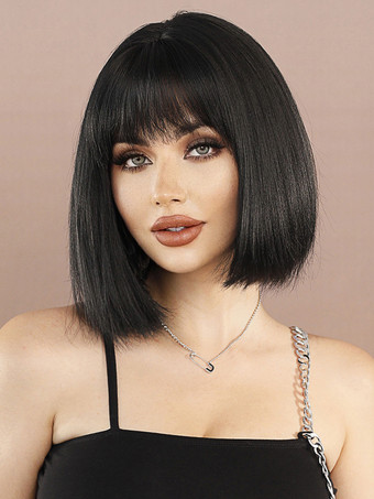 ブラック ショートストレートボブ、前髪あり、デイリー合成ウィッグ、女性用 2025