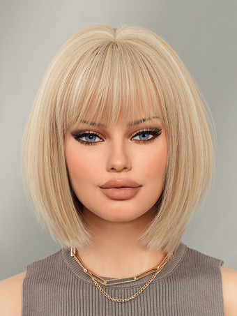 ゴールド ショートストレートボブ、前髪あり、デイリー合成ウィッグ、女性用 2025