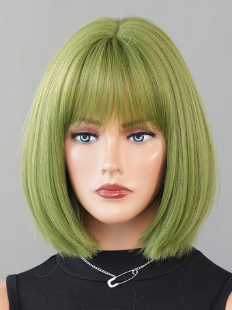 グリーン ショートストレートボブ、前髪あり、デイリー合成ウィッグ、女性用 2025