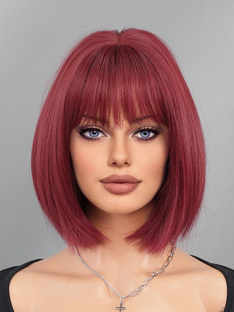 フクシア ショートストレートボブ、前髪あり、デイリー合成ウィッグ、女性用 2025