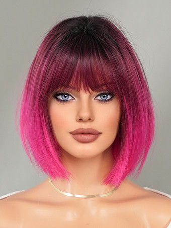 ピンクショートストレートボブ、前髪あり、デイリー合成ウィッグ、女性用 2025
