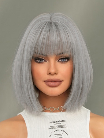 グレイショートストレートボブ、前髪あり、デイリー合成ウィッグ、女性用 2025