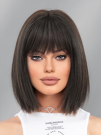 ディープブラウンショートストレートボブ、前髪あり、デイリー合成ウィッグ、女性用 2025