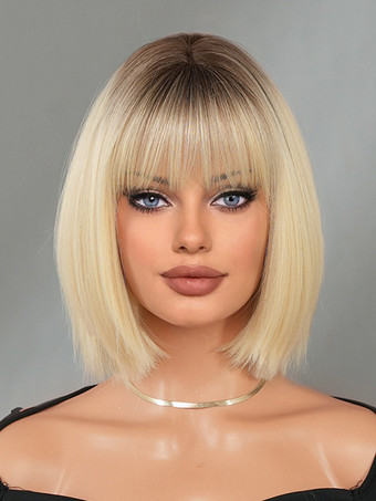 ライトゴールドショートストレートボブ、前髪あり、デイリー合成ウィッグ、女性用 2025