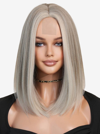 ハイライトストレートヘアウィッグ ミディアムレングス レースフロント 合成ウィッグ 女性用 2025