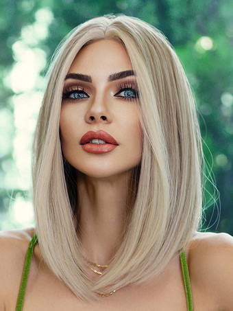 ハイライトストレートヘアウィッグ ミディアムレングス レースフロント 合成ウィッグ 女性用 2025