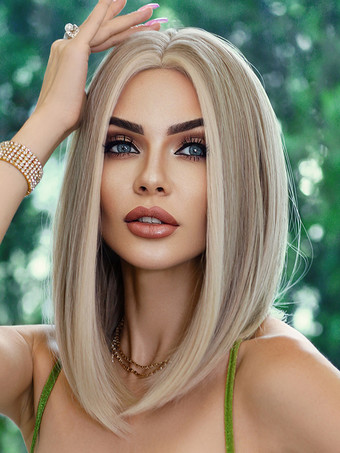 ハイライトストレートヘアウィッグ ミディアムレングス レースフロント 合成ウィッグ 女性用 2025