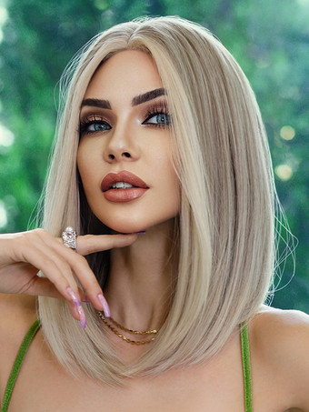 ライトゴールドハイライトストレートヘアウィッグ ミディアムレングス レースフロント 合成ウィッグ 女性用 2025