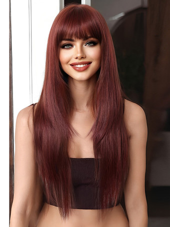 ダークレッドロングストレートヘア、前髪付き、耐熱ファイバー合成ウィッグ、女性用 2025