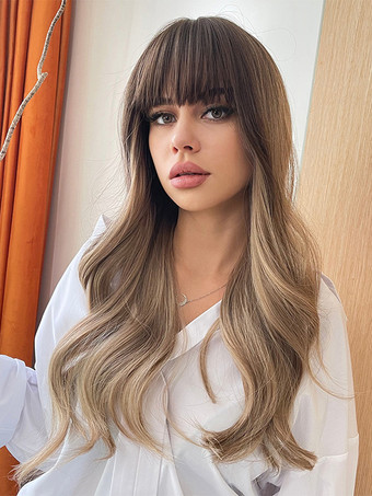 シャンパンカラーストレートな前髪のブラウンのウェーブロングウィッグ 女性用合成ウィッグ 2025