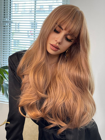 ゴールド ストレートな前髪のブラウンのウェーブロングウィッグ 女性用合成ウィッグ 2025