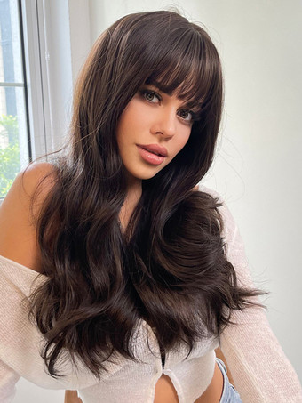 ストレートな前髪のブラウンのウェーブロングウィッグ 女性用合成ウィッグ 2025