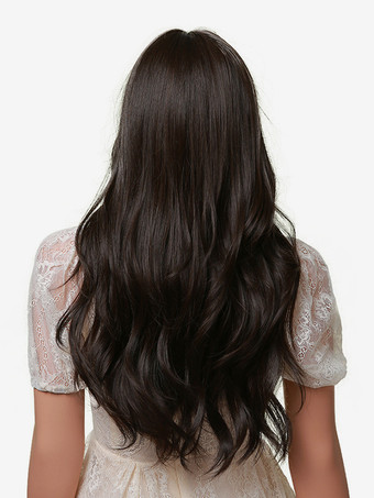 ストレートな前髪のブラウンのウェーブロングウィッグ 女性用合成ウィッグ 2025