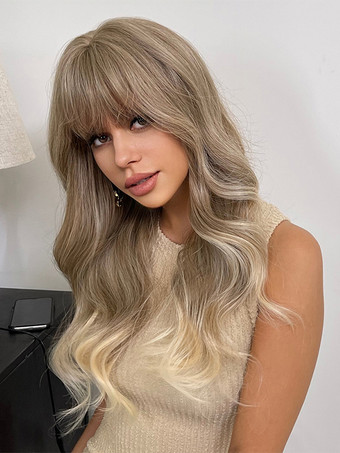ライトブラウンストレートな前髪のブラウンのウェーブロングウィッグ 女性用合成ウィッグ 2025