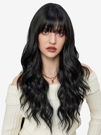 ブラック エアバング付きロングウェーブヘアウィッグ 女性用 合成デイリーウィッグ 2025